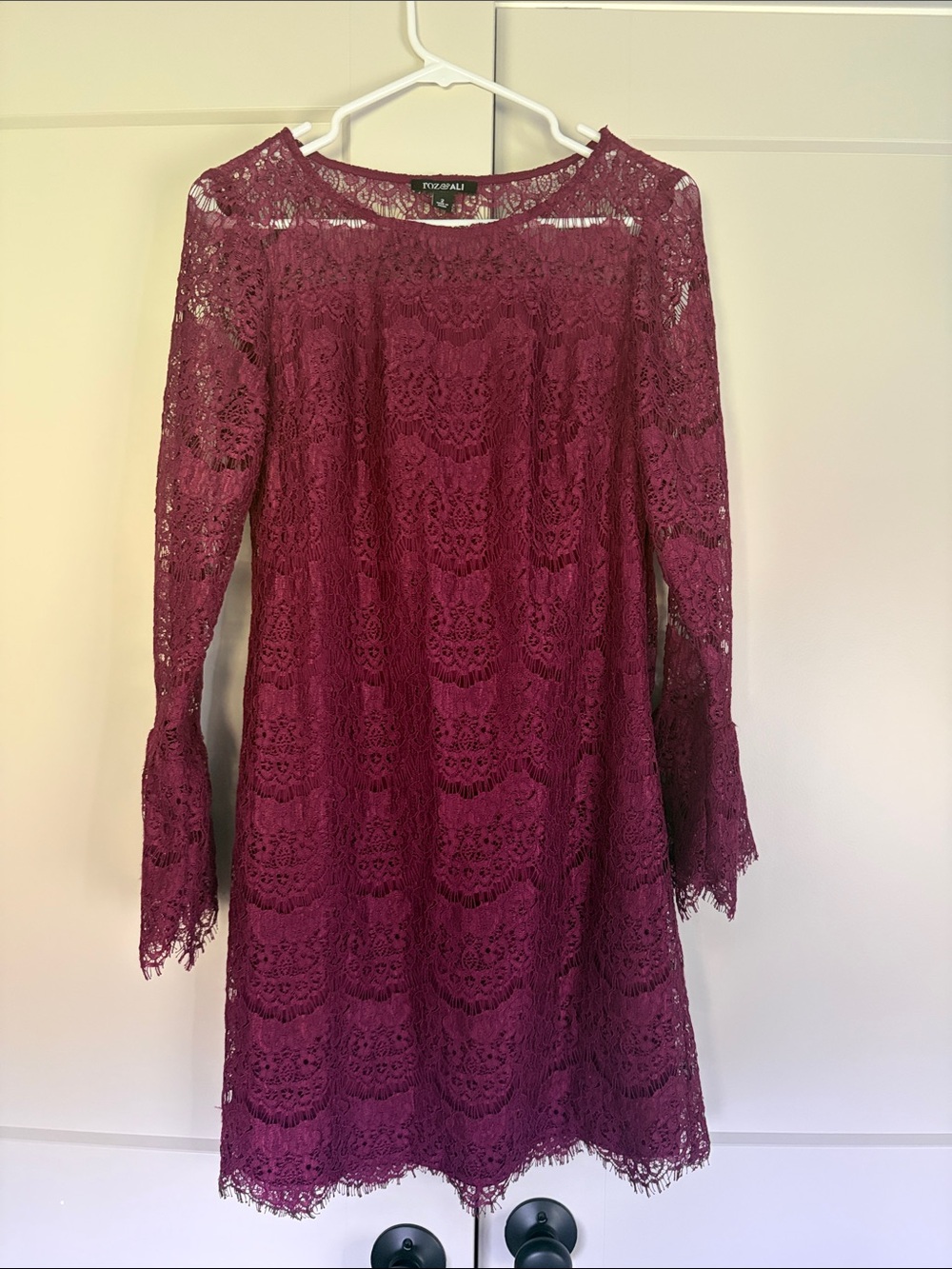 Burgundy Roz & Ali Wine Lace Long-Sleeve Dress